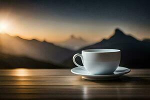 coffee cup on the table with mountains in the background. AI-Generated photo