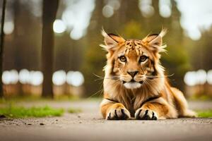 a lion is sitting on the ground. AI-Generated photo