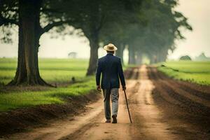 a man in a suit and hat walking down a dirt road. AI-Generated photo