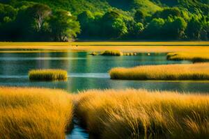 a river with grass and trees in the foreground. AI-Generated photo