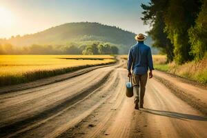 man walking on a dirt road with a suitcase. AI-Generated photo