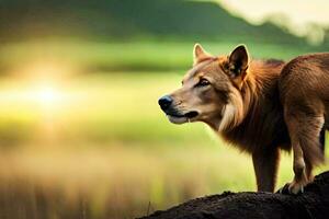 a dog standing on top of a log in the grass. AI-Generated photo