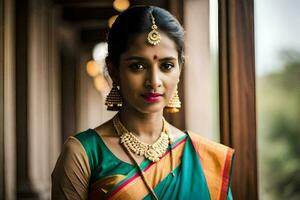 a beautiful indian woman wearing a traditional sari. AI-Generated photo