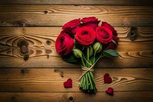 a bouquet of red roses on a wooden table. AI-Generated photo