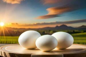 three eggs on a wooden cutting board with a sunset in the background. AI-Generated photo