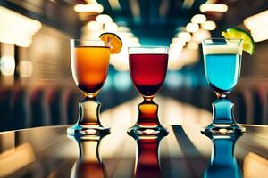 three different colored drinks in glasses on a table. AI-Generated photo