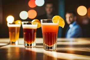 Tres lentes de cerveza con naranja rebanadas en el mesa. generado por ai foto