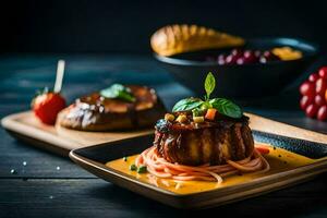 a plate of food with meat and vegetables. AI-Generated photo