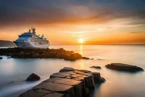 un crucero Embarcacion en el Oceano a puesta de sol. generado por ai foto