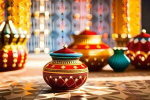 colorful vases and lamps on a table. AI-Generated photo