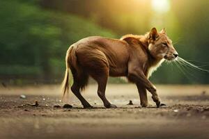 a lion walking on the road in the sun. AI-Generated photo