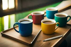 five coffee cups on a tray. AI-Generated photo