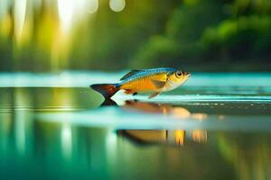 a fish is standing on the water with a green background. AI-Generated photo