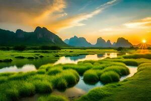 the li river, mountains, grass, sunset, the sky, the river, the mountains,. AI-Generated photo
