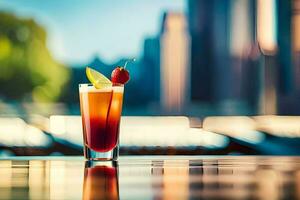 a cocktail with a cherry on top on a table. AI-Generated photo