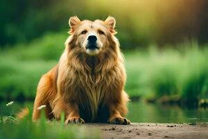 a golden retriever sitting on the ground near a pond. AI-Generated photo