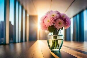 a vase of pink flowers sitting on a table in front of a window. AI-Generated photo