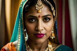 retrato de un hermosa indio mujer vistiendo tradicional joyería. generado por ai foto