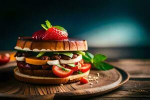 a hamburger with strawberries and cheese on top. AI-Generated photo