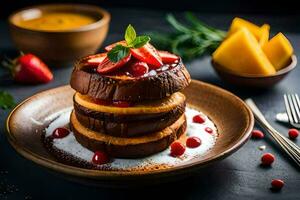 a stack of pancakes with strawberries and mangoes. AI-Generated photo