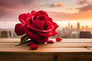 a red rose sits on a wooden table with a city skyline in the background. AI-Generated photo