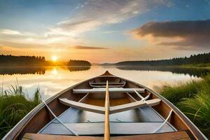 the boat is on the shore of a lake at sunset. AI-Generated photo