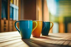 three colorful coffee cups sit on a table. AI-Generated photo