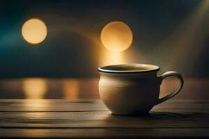 un café taza en un de madera mesa con borroso luces. generado por ai foto