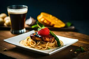 a plate of spaghetti with meat and strawberries on it. AI-Generated photo