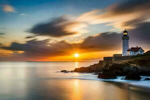 a lighthouse is seen in the sunset with the ocean and rocks. AI-Generated photo
