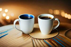 two coffee cups on a wooden table. AI-Generated photo