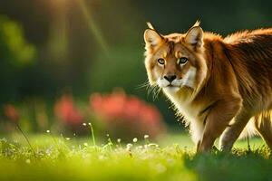 a lynx is walking through the grass. AI-Generated photo