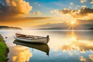 un barco en el lago a amanecer. generado por ai foto