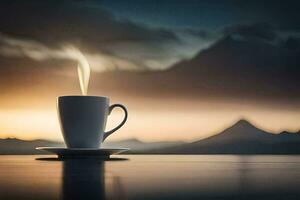 a cup of coffee on a table with mountains in the background. AI-Generated photo