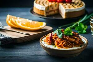 a plate of spaghetti with meat and vegetables on a table. AI-Generated photo