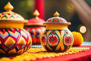 decorated pots on a table with a red cloth. AI-Generated photo