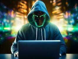 Anonymous hacker with computer laptop. Concept of cybercrime, cyberattack, dark web. photo