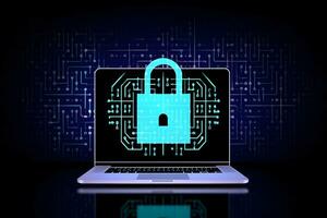 Lock with key hole in the screen of laptop. Data security, cybersecurity, cyber defense,etc. photo