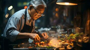 Asian male chef cooking food in a small restaurant in downtown area. photo