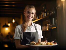 Portrait of a waitress serving food to customers in restaurant photo