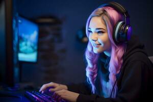 hermosa niña jugando y transmisión en línea juego. deporte, jugador y flámula concepto. foto