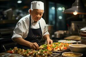 Asian male chef cooking food in a restaurant in downtown area. photo