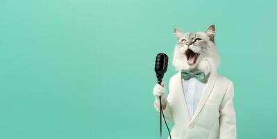 elegante gato canto con micrófono aislado en verde antecedentes foto