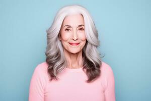 Beautiful elderly woman with culy grey hair. Beauty, fashion and old people concept. photo