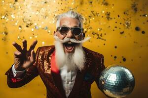 Crazy elderly man holding disco ball and having fun. Celebrating life concept. photo