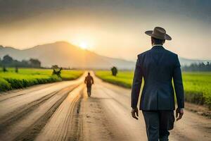 a man in a suit and hat walking down a dirt road. AI-Generated photo