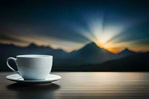 a cup of coffee on a table with mountains in the background. AI-Generated photo