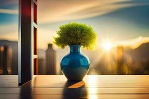 a vase with a green plant sitting on a table in front of a window. AI-Generated photo