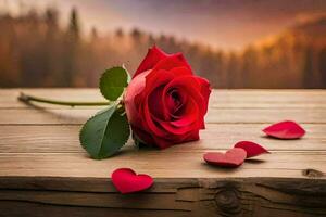 a single red rose on a wooden table with hearts. AI-Generated photo