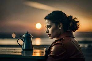 a woman sitting on a bench with a coffee pot. AI-Generated photo